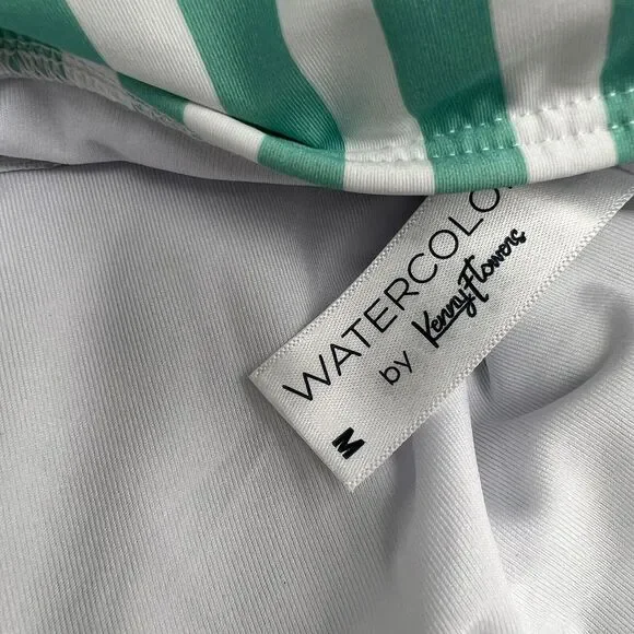 NWT Kenny Flowers The Lanai Sleeved Bikini TOP Sz Medium Light Blue Teal & White - Picture 3 of 6